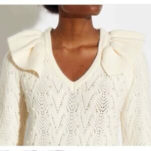 Industry Pearl Long Sleeve Ruffle Pointelle V-Neck Pullover Sweater Size M NWT